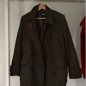 Zara Olive Double-Breasted Wool Coat with Red Accents